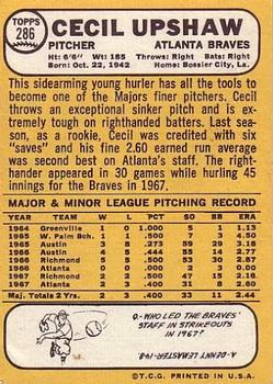 1968 Topps #286 Cecil Upshaw Back