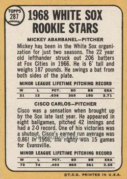 1968 Topps #287 White Sox 1968 Rookie Stars (Mickey Abarbanel / Cisco Carlos) Back
