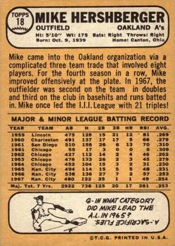 1968 Topps #18 Mike Hershberger Back