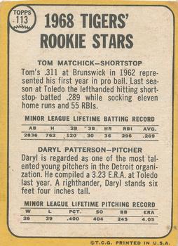 1968 Topps #113 Tigers 1968 Rookie Stars (Tom Matchick / Daryl Patterson) Back