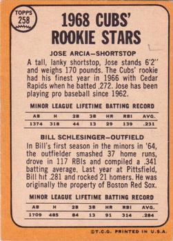 1968 Topps #258 Cubs 1968 Rookie Stars (Jose Arcia / Bill Schlesinger) Back