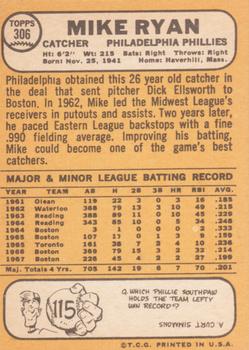 1968 Topps #306 Mike Ryan Back