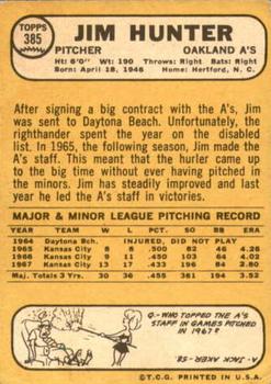 1968 Topps #385 Jim Hunter Back