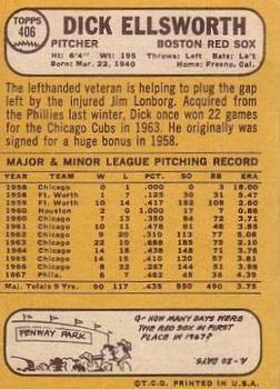 1968 Topps #406 Dick Ellsworth Back
