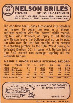 1968 Topps #540 Nelson Briles Back
