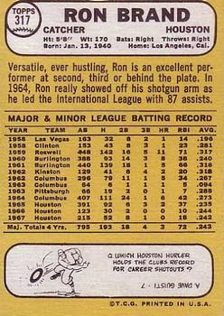 1968 Topps #317 Ron Brand Back