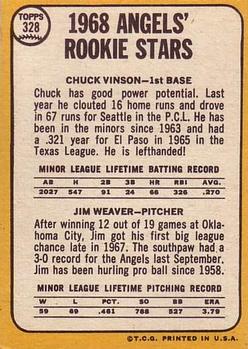 1968 Topps #328 Angels 1968 Rookie Stars (Chuck Vinson / Jim Weaver) Back