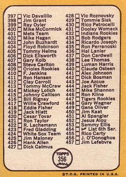1968 Topps #356 5th Series Checklist 371-457 (Ken Holtzman) Back
