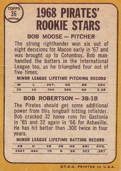 1968 Topps #36 Pirates 1968 Rookie Stars (Bob Moose / Bob Robertson) Back