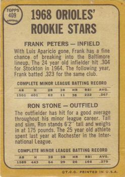 1968 Topps #409 Orioles 1968 Rookie Stars (Frank Peters / Ron Stone) Back