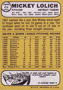1968 Topps #414 Mickey Lolich Back