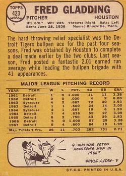 1968 Topps #423 Fred Gladding Back