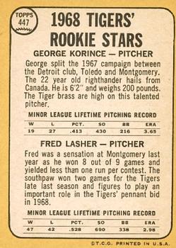 1968 Topps #447 Tigers 1968 Rookie Stars (George Korince / Fred Lasher) Back