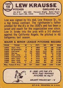 1968 Topps #458 Lew Krausse Back