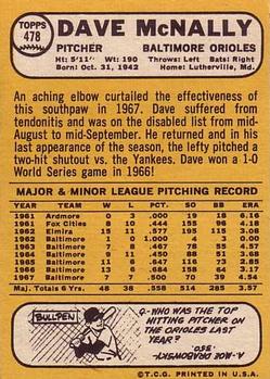 1968 Topps #478 Dave McNally Back
