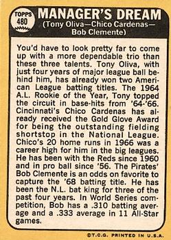 1968 Topps #480 Manager's Dream (Tony Oliva / Chico Cardenas / Bob Clemente) Back