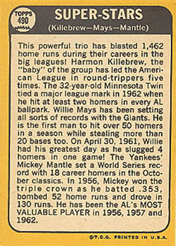1968 Topps #490 Super Stars (Harmon Killebrew / Willie Mays / Mickey Mantle) Back