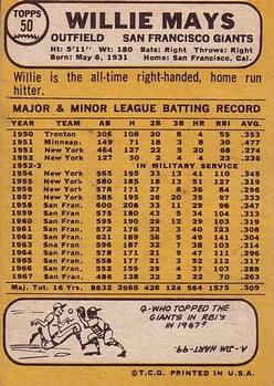 1968 Topps #50 Willie Mays Back