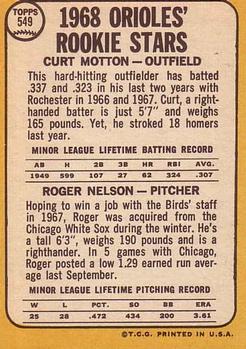 1968 Topps #549 Orioles 1968 Rookie Stars (Curt Motton / Roger Nelson) Back