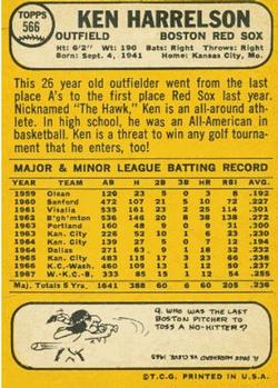 1968 Topps #566 Ken Harrelson Back