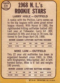 1968 Topps #579 National League 1968 Rookie Stars (Larry Hisle / Mike Lum) Back