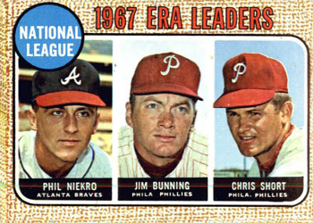 1968 Topps #7 National League 1967 ERA Leaders (Phil Niekro / Jim Bunning / Chris Short) Front