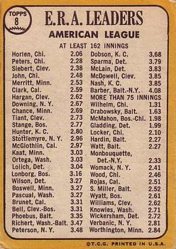 1968 Topps #8 American League 1967 ERA Leaders (Joe Horlen / Gary Peters / Sonny Siebert) Back