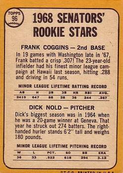 1968 Topps #96 Senators 1968 Rookie Stars (Frank Coggins / Dick Nold) Back