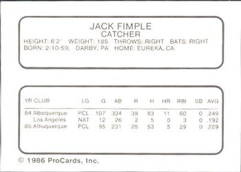 1986 ProCards Albuquerque Dukes #7 Jack Fimple Back