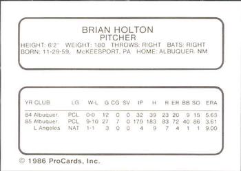 1986 ProCards Albuquerque Dukes #12 Brian Holton Back