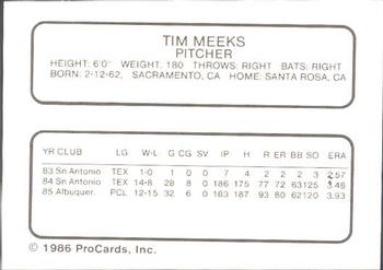 1986 ProCards Albuquerque Dukes #17 Tim Meeks Back