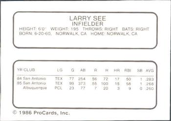 1986 ProCards Albuquerque Dukes #22 Larry See Back
