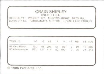 1986 ProCards Albuquerque Dukes #23 Craig Shipley Back