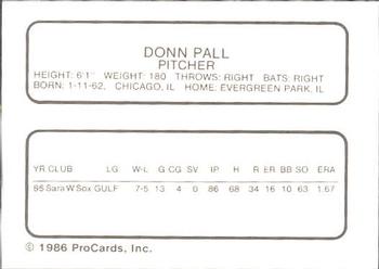 1986 ProCards Appleton Foxes #NNO Donn Pall Back