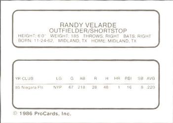 1986 ProCards Appleton Foxes #NNO Randy Velarde Back