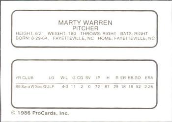 1986 ProCards Appleton Foxes #NNO Marty Warren Back