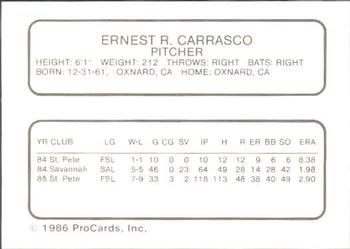 1986 ProCards Arkansas Travelers #3 Ernie Carrasco Back