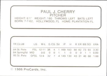 1986 ProCards Arkansas Travelers #4 Paul Cherry Back