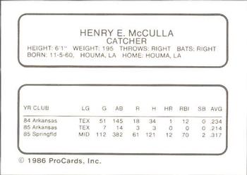 1986 ProCards Arkansas Travelers #14 Henry McCulla Back