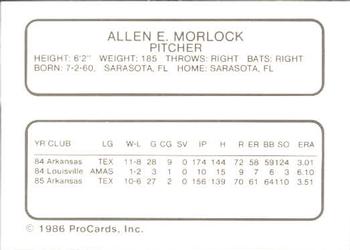 1986 ProCards Arkansas Travelers #16 Allen Morlock Back