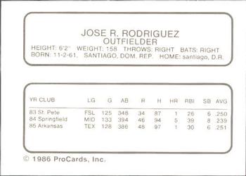 1986 ProCards Arkansas Travelers #21 Jose Rodriguez Back