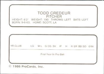 1986 ProCards Asheville Tourists #NNO Todd Credeur Back