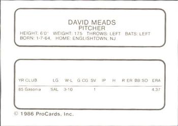 1986 ProCards Asheville Tourists #NNO David Meads Back