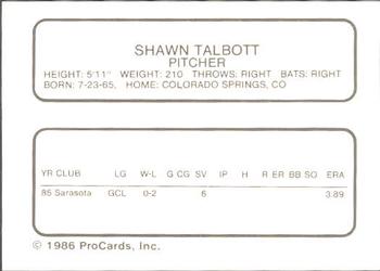 1986 ProCards Asheville Tourists #NNO Shawn Talbott Back