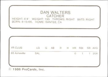 1986 ProCards Asheville Tourists #NNO Dan Walters Back