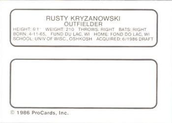 1986 ProCards Auburn Astros #15 Rusty Kryzanowski Back
