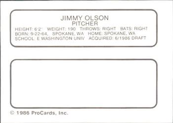1986 ProCards Auburn Astros #18 Jimmy Olson Back