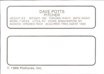 1986 ProCards Auburn Astros #19 Dave Potts Back
