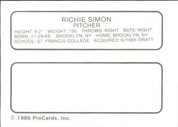 1986 ProCards Auburn Astros #23 Richie Simon Back