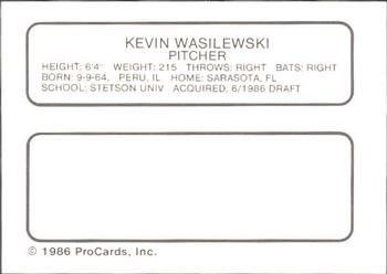 1986 ProCards Auburn Astros #26 Kevin Wasilewski Back